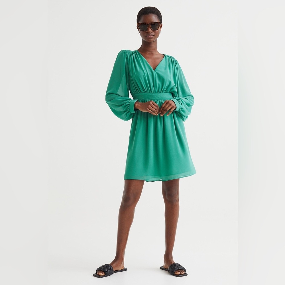 H&M V-Neck Dress With Balloon Sleeves, Green, Size Small